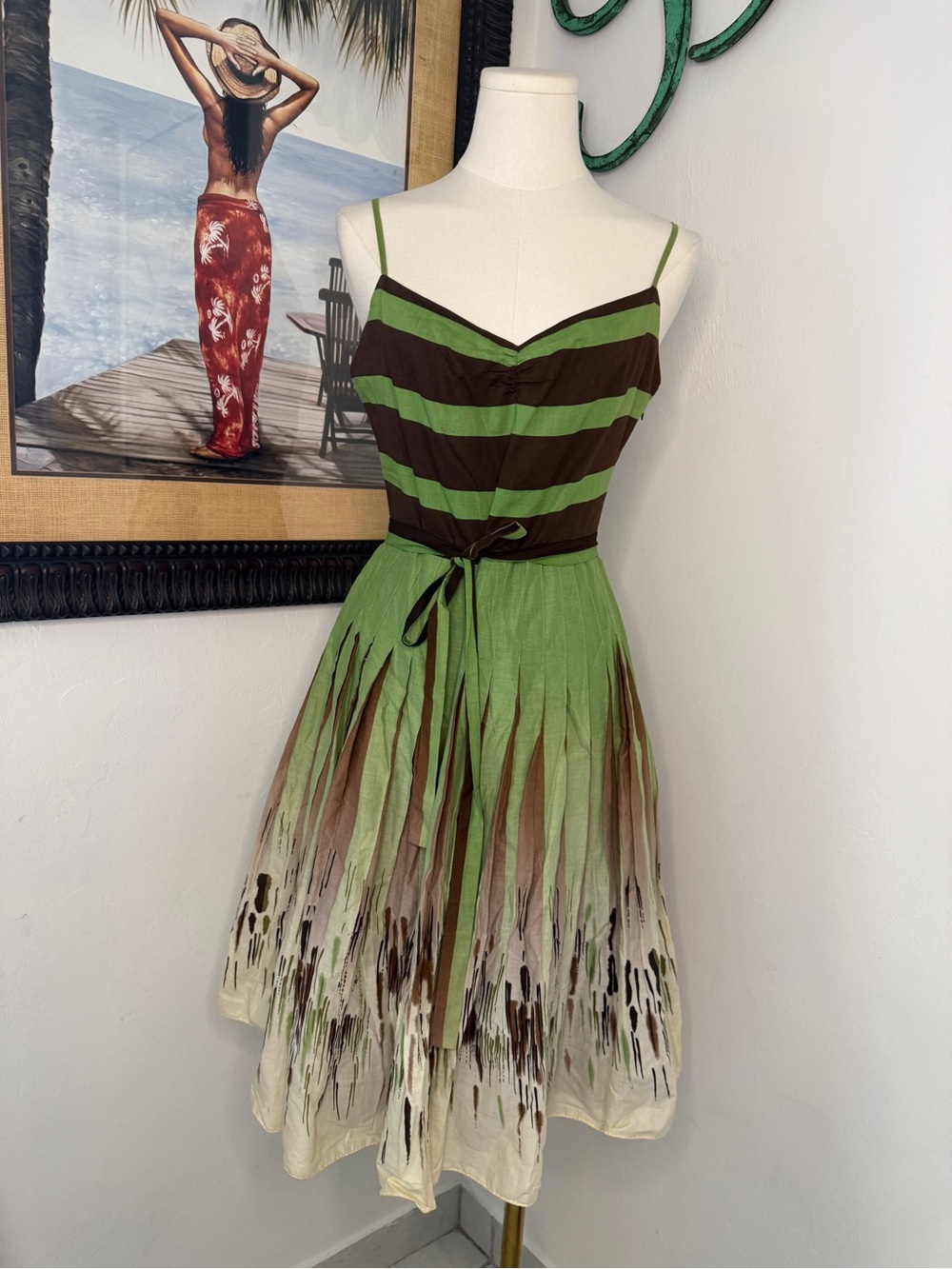 BCBGMaxAzria Green and Brown Striped Spaghetti Strap Midi Dress